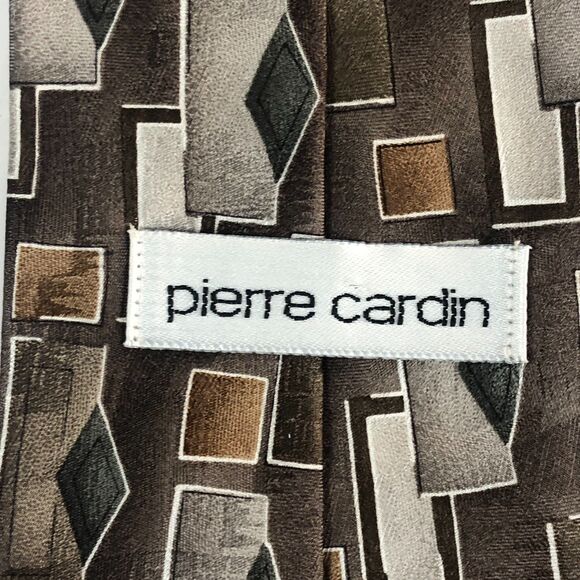 Vintage Pierre Cardin Tie Geometric Abstract Brown Gray Diamond Square Silk - Picture 5 of 9